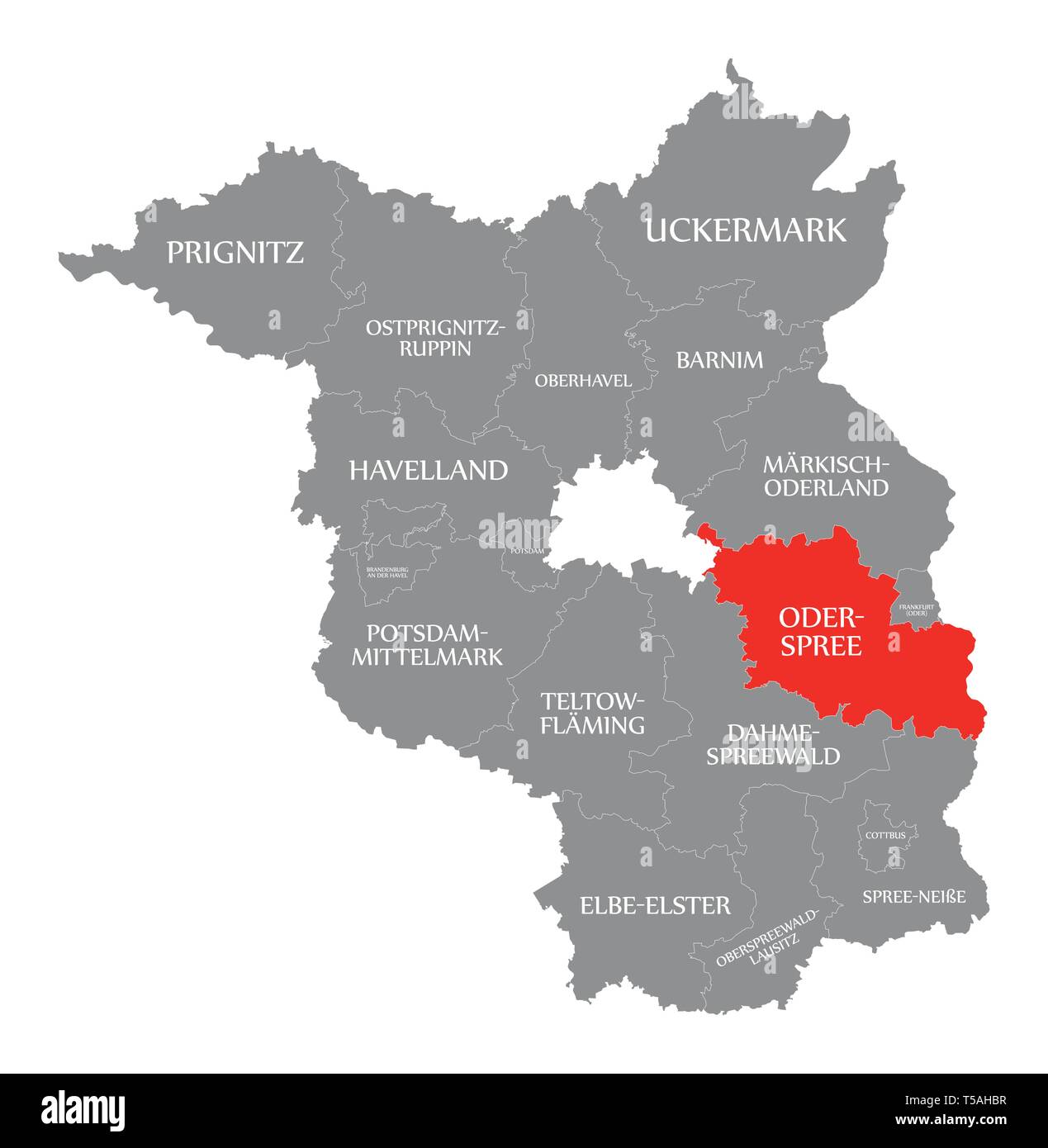 Oder-Spree county en surbrillance dans la carte rouge de Brandebourg Allemagne Illustration de Vecteur