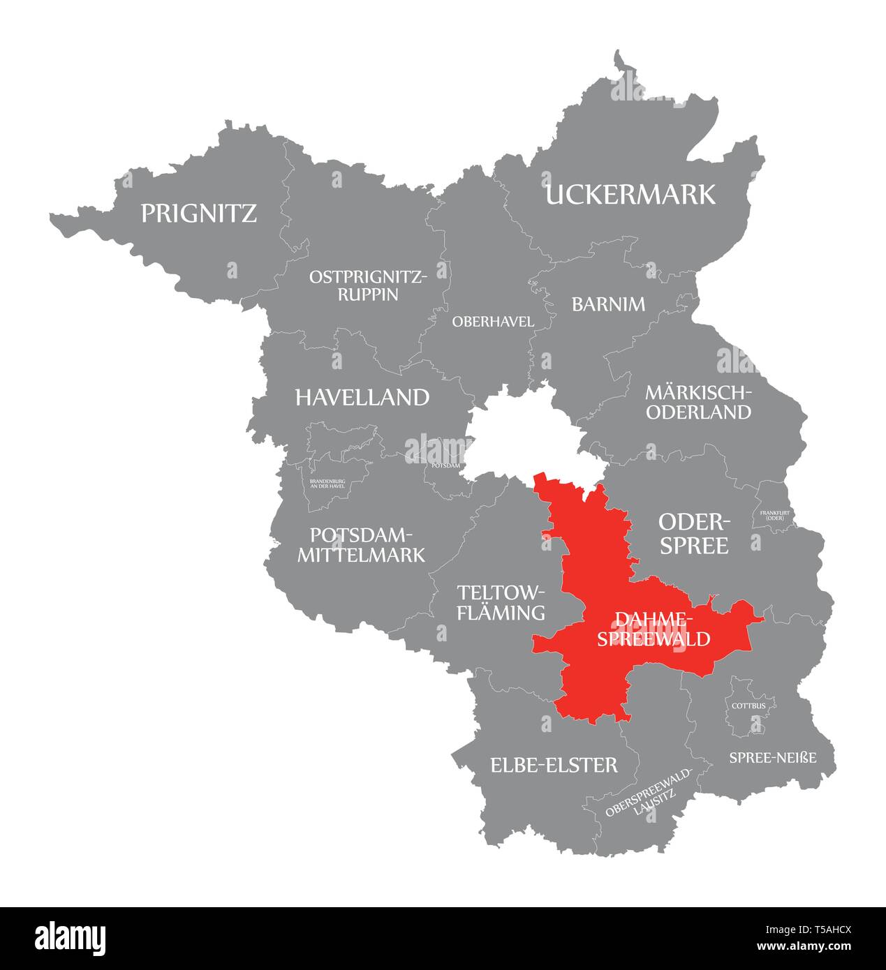 Comté de Dahme-Spreewald mis en évidence dans la carte rouge de Brandebourg, Allemagne Illustration de Vecteur