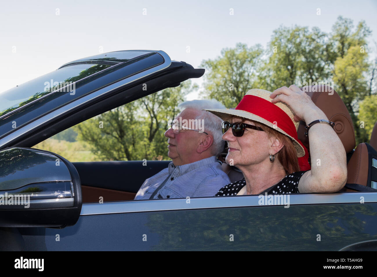 Heureux couple plus âgé avec une voiture décapotable de luxe Banque D'Images