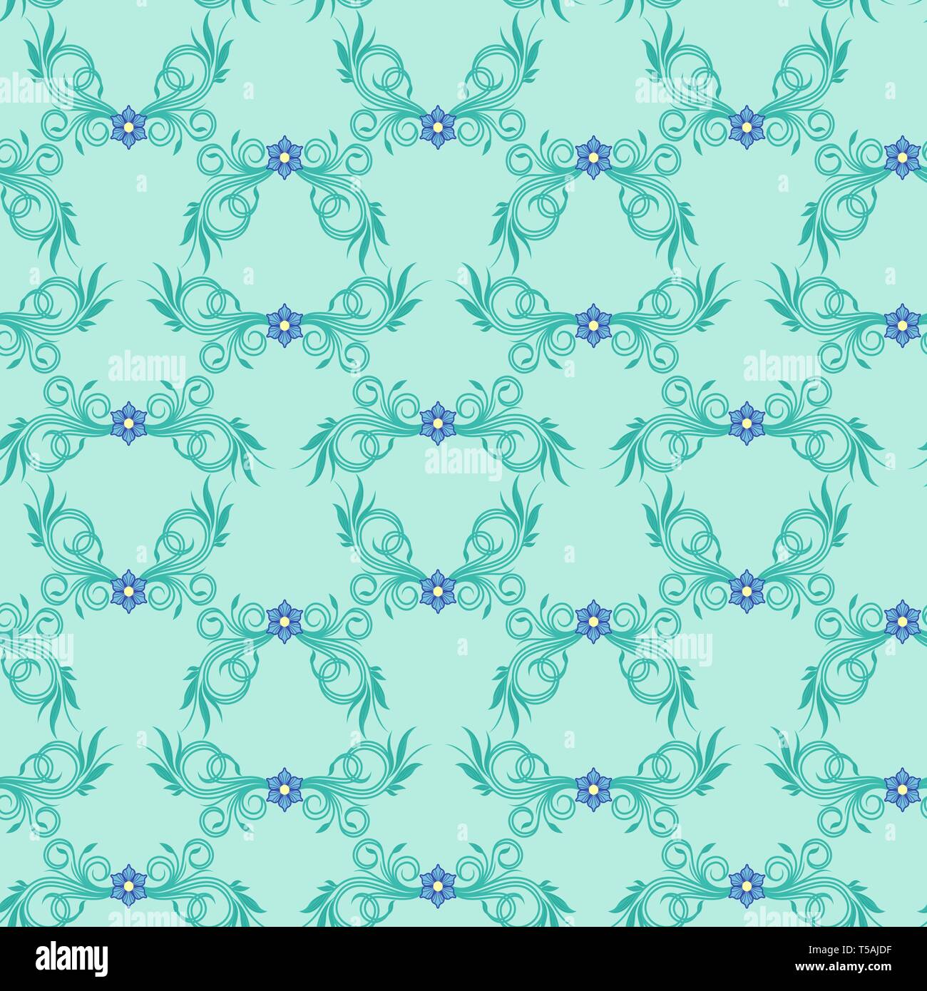 Ornement floral antique transparente dans des teintes turquoise pâle à fleurs bleues, vecteur comme une texture de tissu Illustration de Vecteur