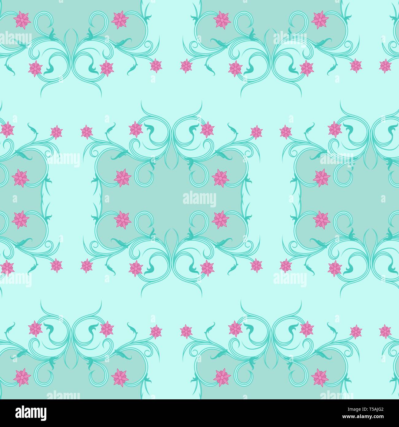 Ornement floral antique vectoriel continu de style victorien dans les tons de bleu pâle avec des fleurs roses comme une texture de tissu Illustration de Vecteur