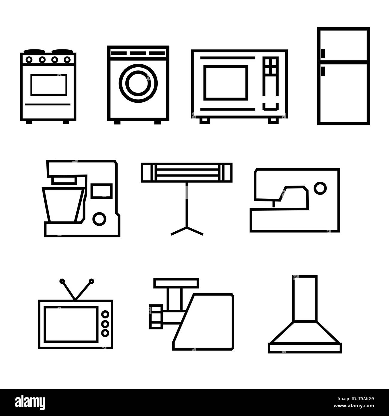 Ensemble d'icônes d'appareils ménagers. cuisinière, machine à laver, micro-ondes, réfrigérateur, machine à café,Mélangeur, climatiseur, ventilateur d'extraction, TV, cousu Banque D'Images
