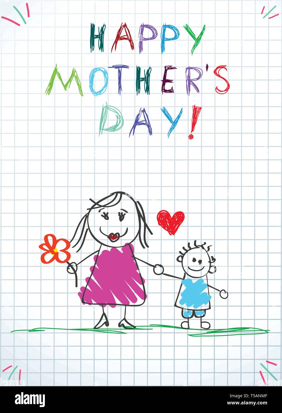 Heureuse Fete Des Meres Carte De Souhaits Maman Tenant La Main Avec Peu De Fils A L Exterieur Bebe De Dessin Illustration Sur Papier A Carreaux Fond Bebe Con Image Vectorielle Stock
