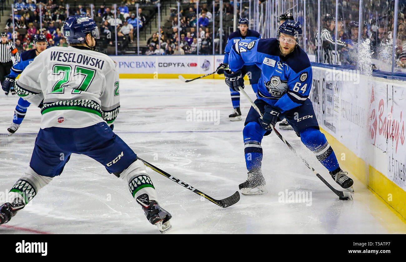 Jacksonville joueur Icemen Hayden Shaw (64), à droite, l'air de passer la rondelle défendu par Florida Everblades Weselowski défenseur Riley (27) au cours de la deuxième période d'un match de hockey professionnel ECHL au Veterans Memorial Arena à Jacksonville, en Floride, le samedi 20 avril, 2019. (Gary Lloyd McCullough/Cal Sport Media) Banque D'Images