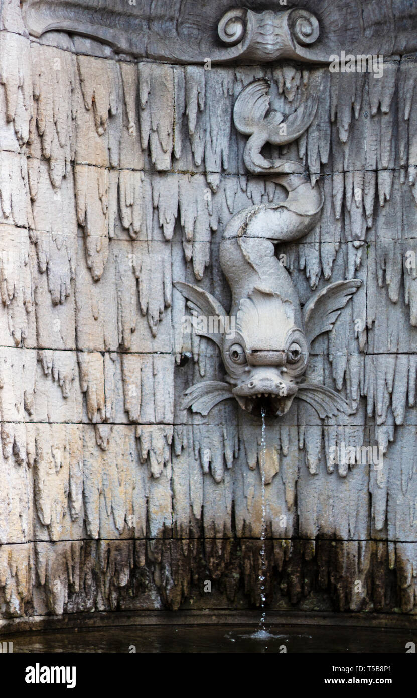 Une gargouille poisson-dragon de l'eau dans les buses d'une piscine sur le Biltmore Estate à Asheville, NC, USA Banque D'Images