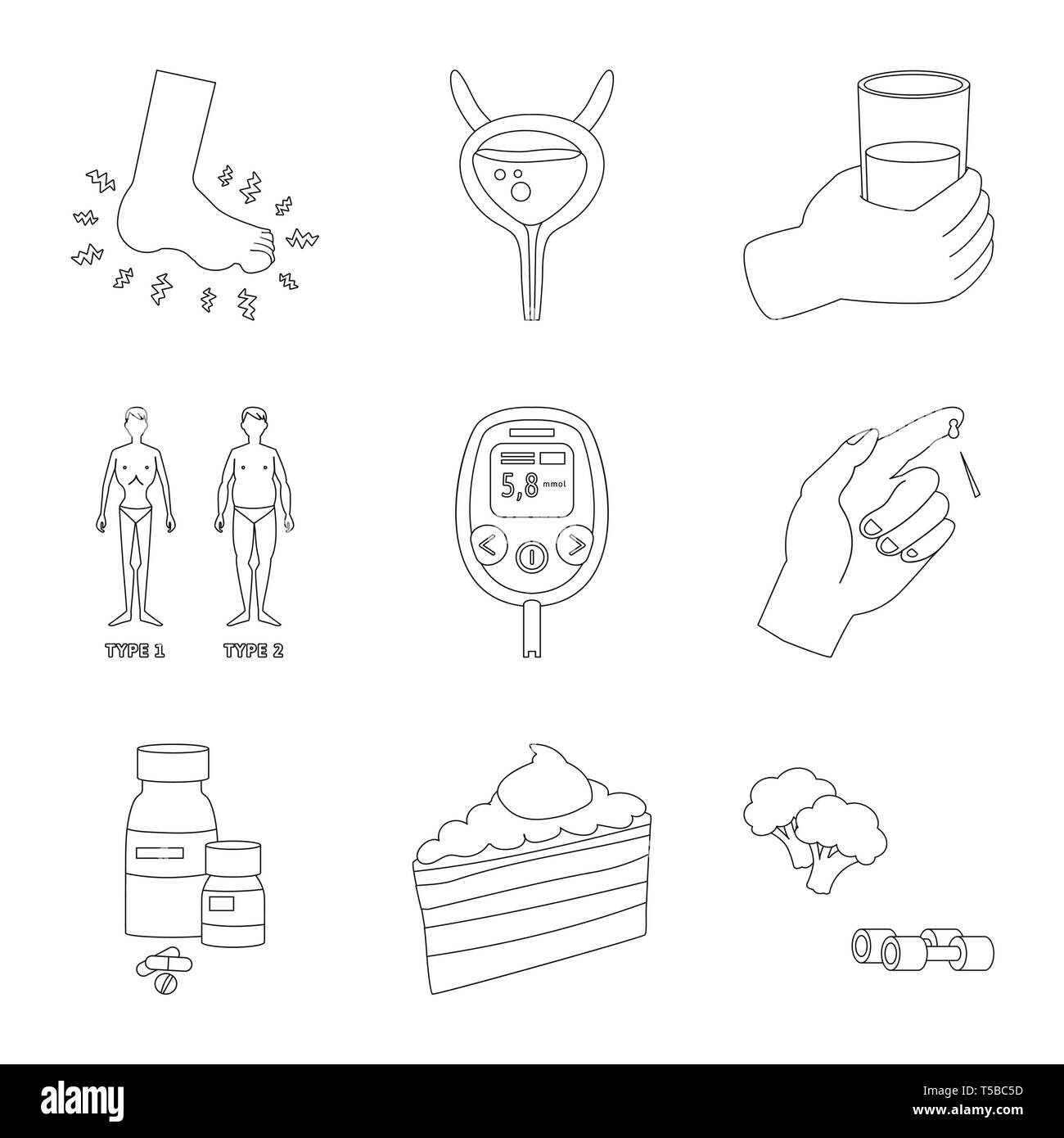 Incontinence,eau,pieds,homme,diabete,analyse,bouteille,piece,brocolis,les pieds plats,vessie,verre,obésité,mesure,sang,comp,légumes,tartes,os,main,douloureux,formation,pharmacie,sucre,doux,vitamine,cheville,patient,minéral,le diabète sucré,santé,alimentation,symptôme,maladie,traitement,santé,médecine,,set,icône,,illustration,collection,isolé,design,graphisme,élément signe,ligne,plan,vecteurs vecteur , Illustration de Vecteur
