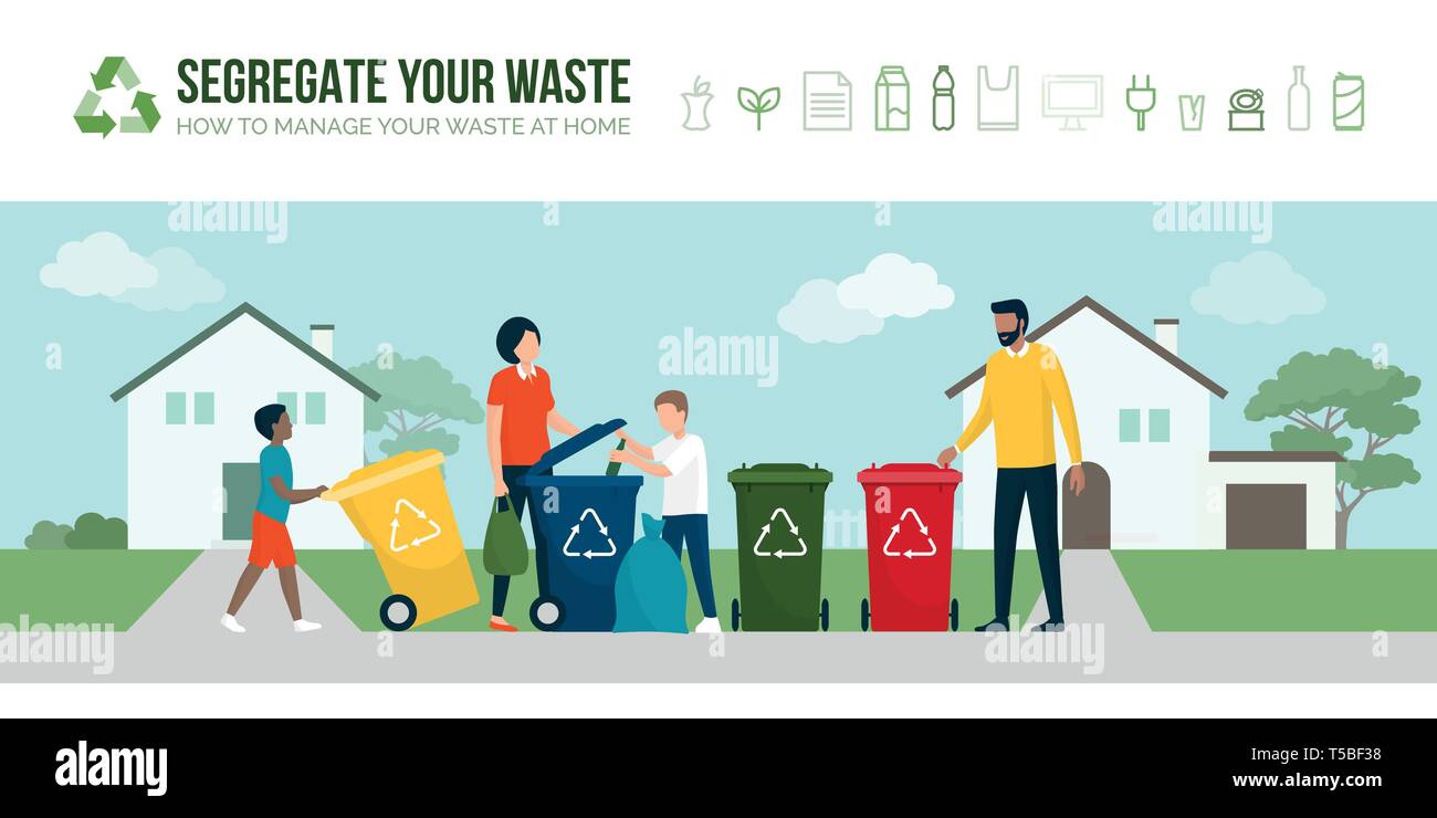 Le tri et le recyclage des déchets les gens ensemble, ils jettent chaque type de déchets dans des poubelles différentes : style de vie durable et d'environnement c Illustration de Vecteur