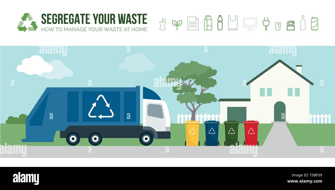 Camion Poubelle poubelles de collecte dans la rue : séparer la gestion de la collecte des déchets et recyclage concept Illustration de Vecteur