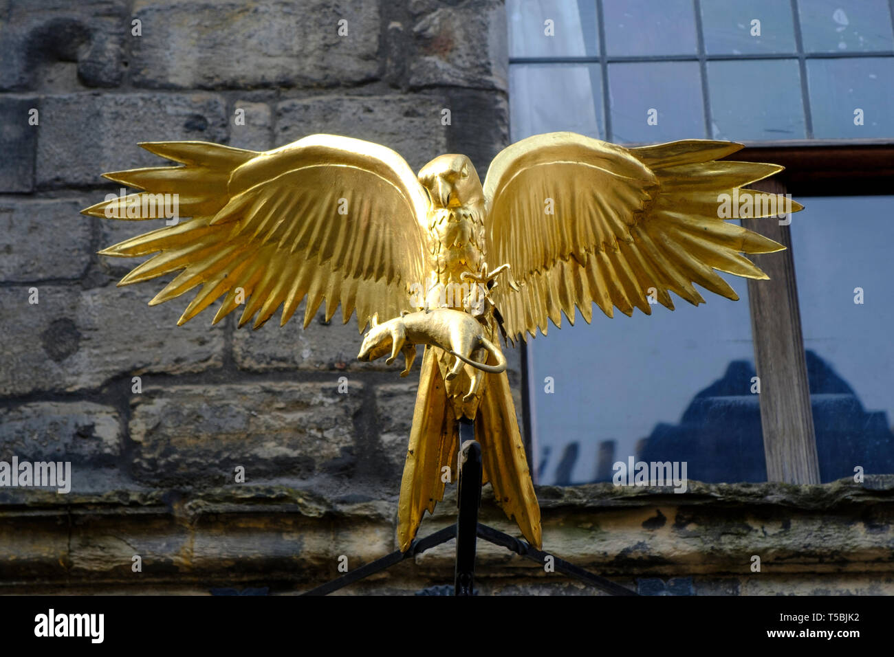 Oiseau doré à l'extérieur de Gladstone's Land immeuble ancien original à Lawnmarket dans la vieille ville d'Édimbourg, Écosse, Royaume-Uni Banque D'Images