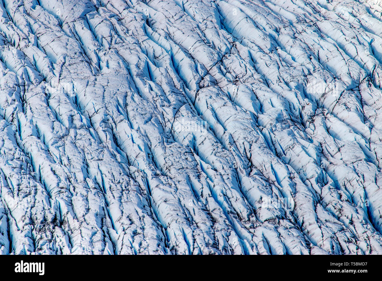 La Knik Glacier en Alaska. Manque de neige exposer les cendres retombées de la redoute à proximité de volcan, la réduction de l'effet albédo. Il y a des milliers de glaciers en Alaska, et au moins 616 d'entre eux sont nommés. Ensemble, ils sont en train de perdre 75 milliards de tonnes de glace chaque année en raison de la fonte. Ce chiffre est susceptible d'augmenter dans les années à venir. Mai 2015 a été la plus chaude en 91 ans. Banque D'Images