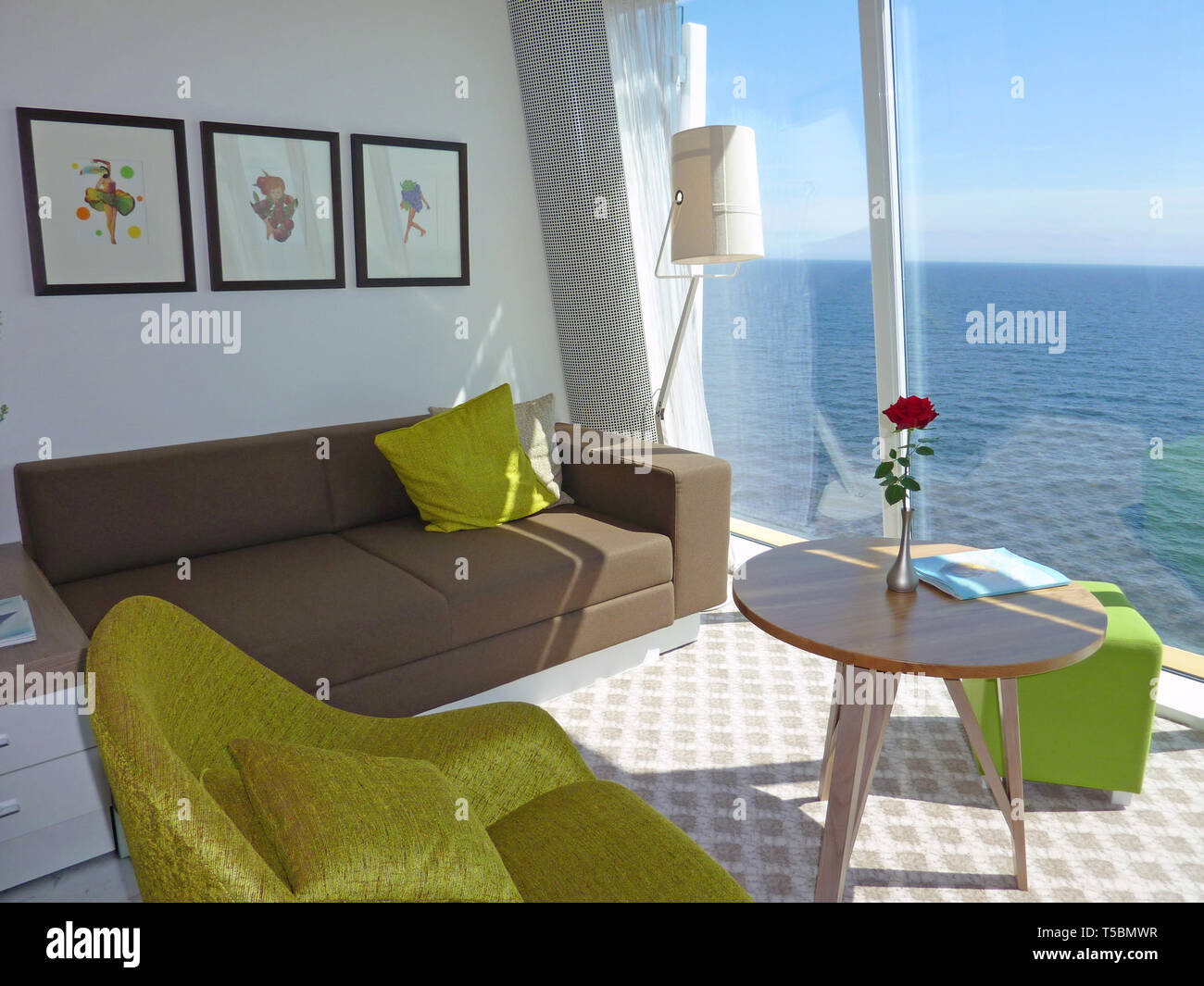 L'intérieur de luxe d'une suite de TUI Cruises Mein Schiff 4, vue sur le salon Banque D'Images