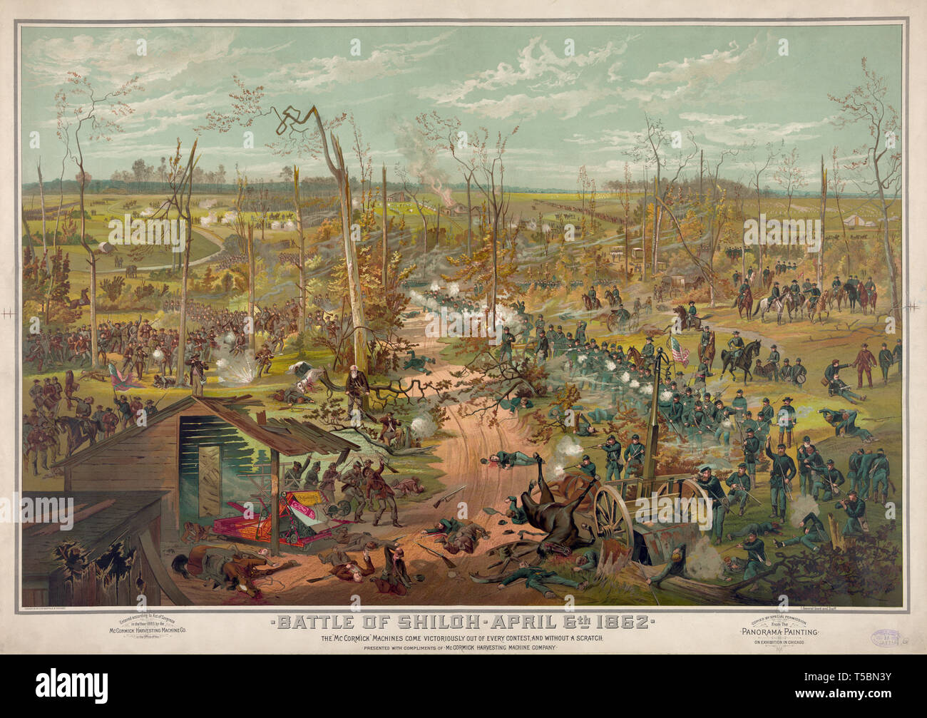 Bataille de Shiloh, 6 avril 1862, McCormick Harvester & Binder ficelle annonce par un Théophile Poilpot, lithographie, peinture Panorama Cosack & Co., 1885 Banque D'Images