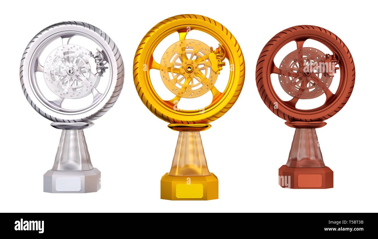 Vue avant du sport moto roue Or Argent et Bronze trophées à fond blanc  Photo Stock - Alamy