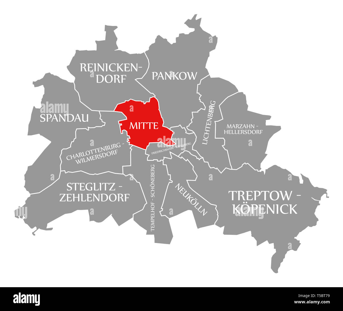 Centre-ville de Mitte en surbrillance rouge dans la carte de Berlin, Allemagne Banque D'Images