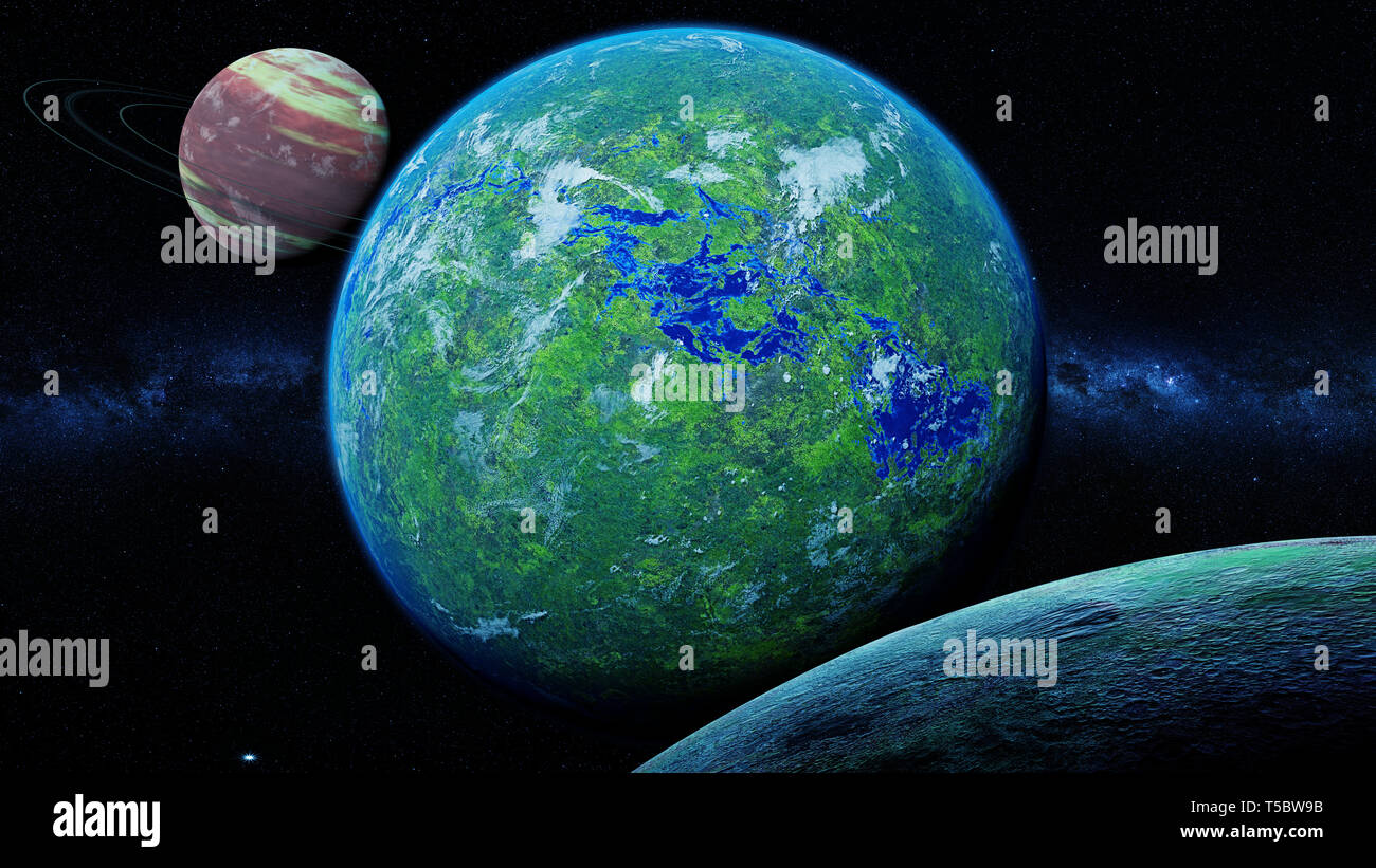 Exoplanète jungle, vert et planète étrangère biologiquement actifs avec lunes dans un système d'étoiles lointaines (espace 3D render) Banque D'Images
