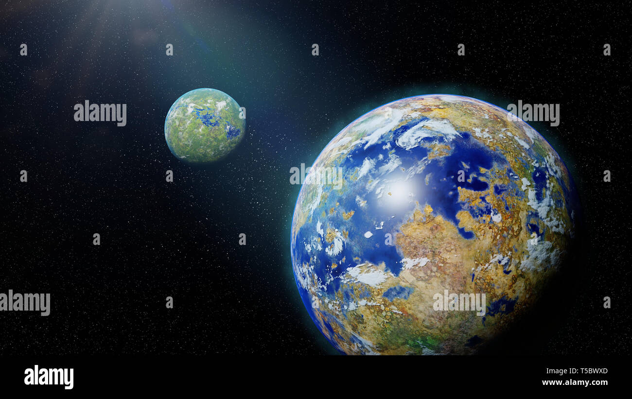 Monde étranger, exoplanète dans la zone habitable, planète avec lune, l'eau et les végétaux (astronomie) de rendu 3D Banque D'Images