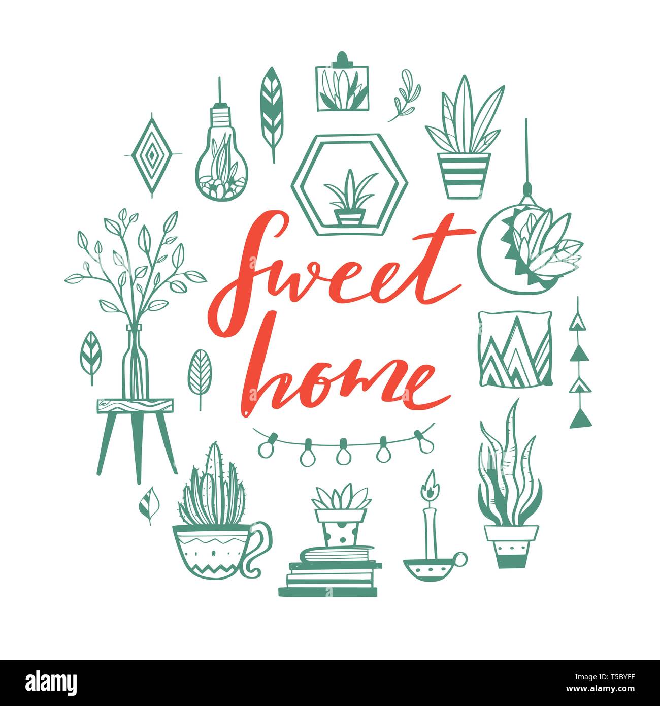 Maison et les plantes d'vector hand drawn set. Accueil décorations et des éléments de décoration.boho isolés et scandinave croquis dessin animé Illustration de Vecteur