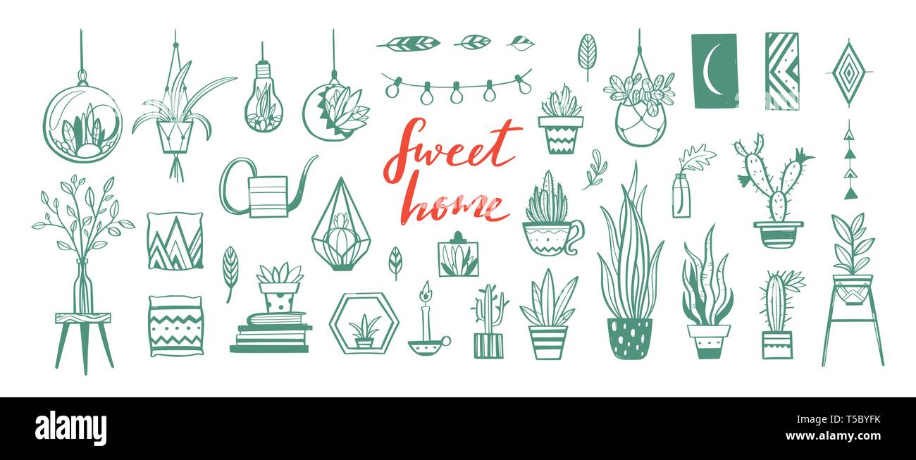 Maison et les plantes d'vector hand drawn set. Accueil décorations et des éléments de décoration.boho isolés et scandinave croquis dessin animé Illustration de Vecteur