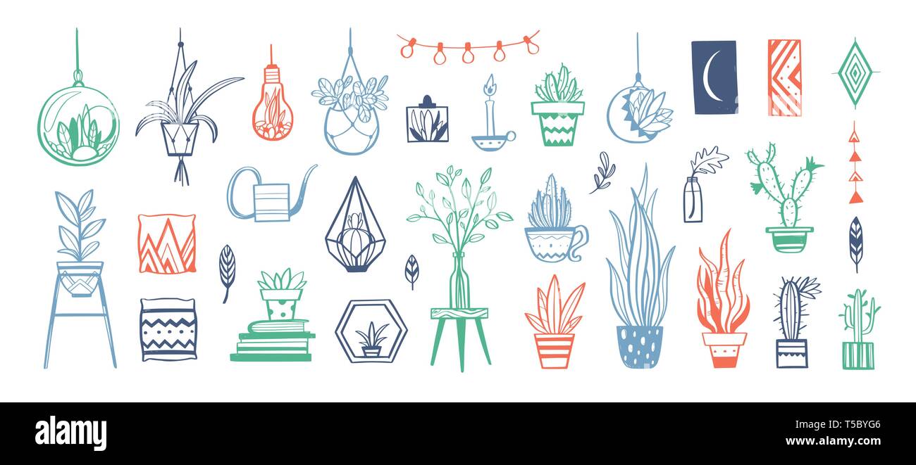 Maison et les plantes d'vector hand drawn set. Accueil décorations et des éléments de décoration.boho isolés et scandinave croquis dessin animé Illustration de Vecteur