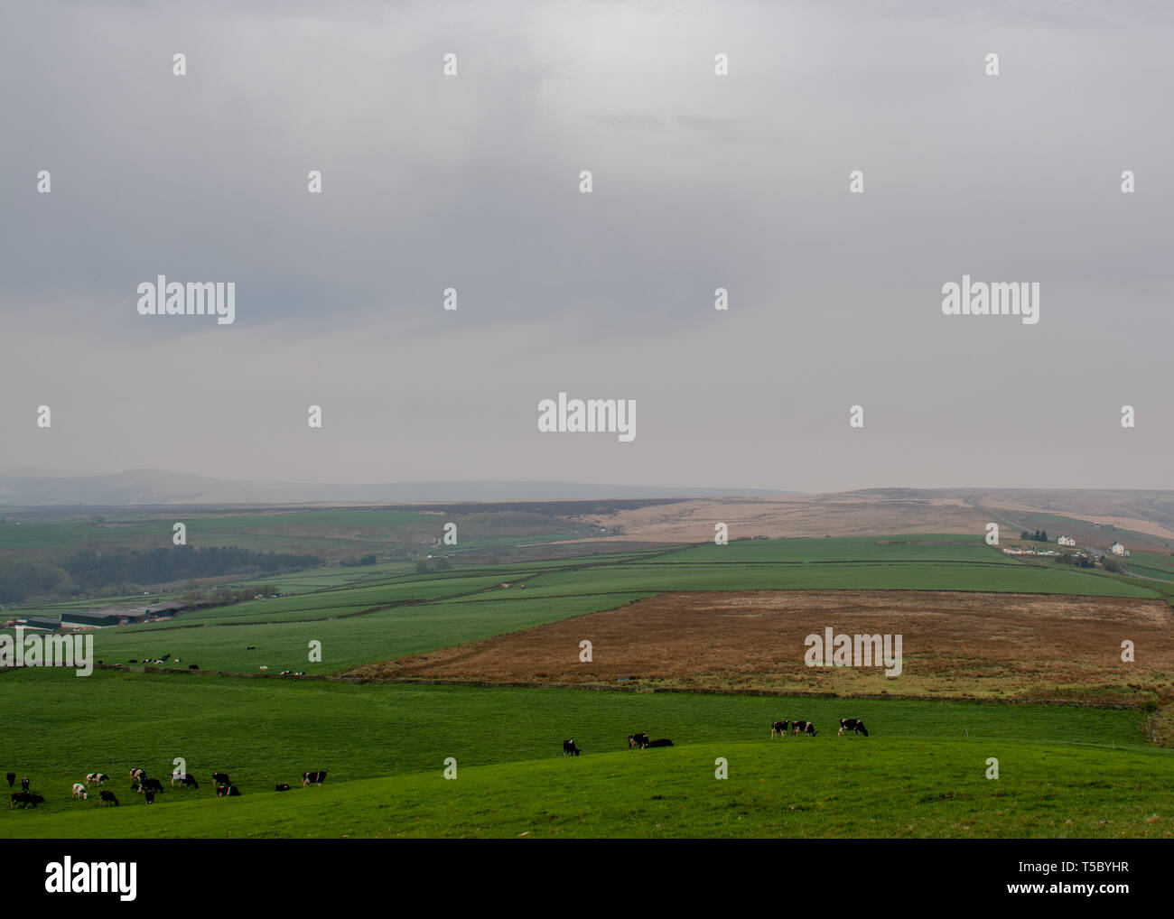 Marsden Moor, dans le Yorkshire, le 23 avril 2019. Comme la lande incendies continuent à l'horizon la fumée couvre le ciel. Banque D'Images