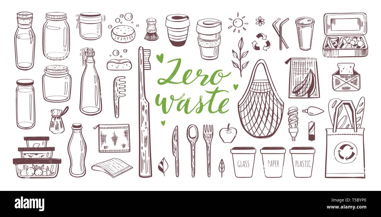Zéro déchets vie vector hand drawn set. Collection d'eco et éléments naturels. Rendez-vous sur concept vert. Objets isolés Illustration de Vecteur