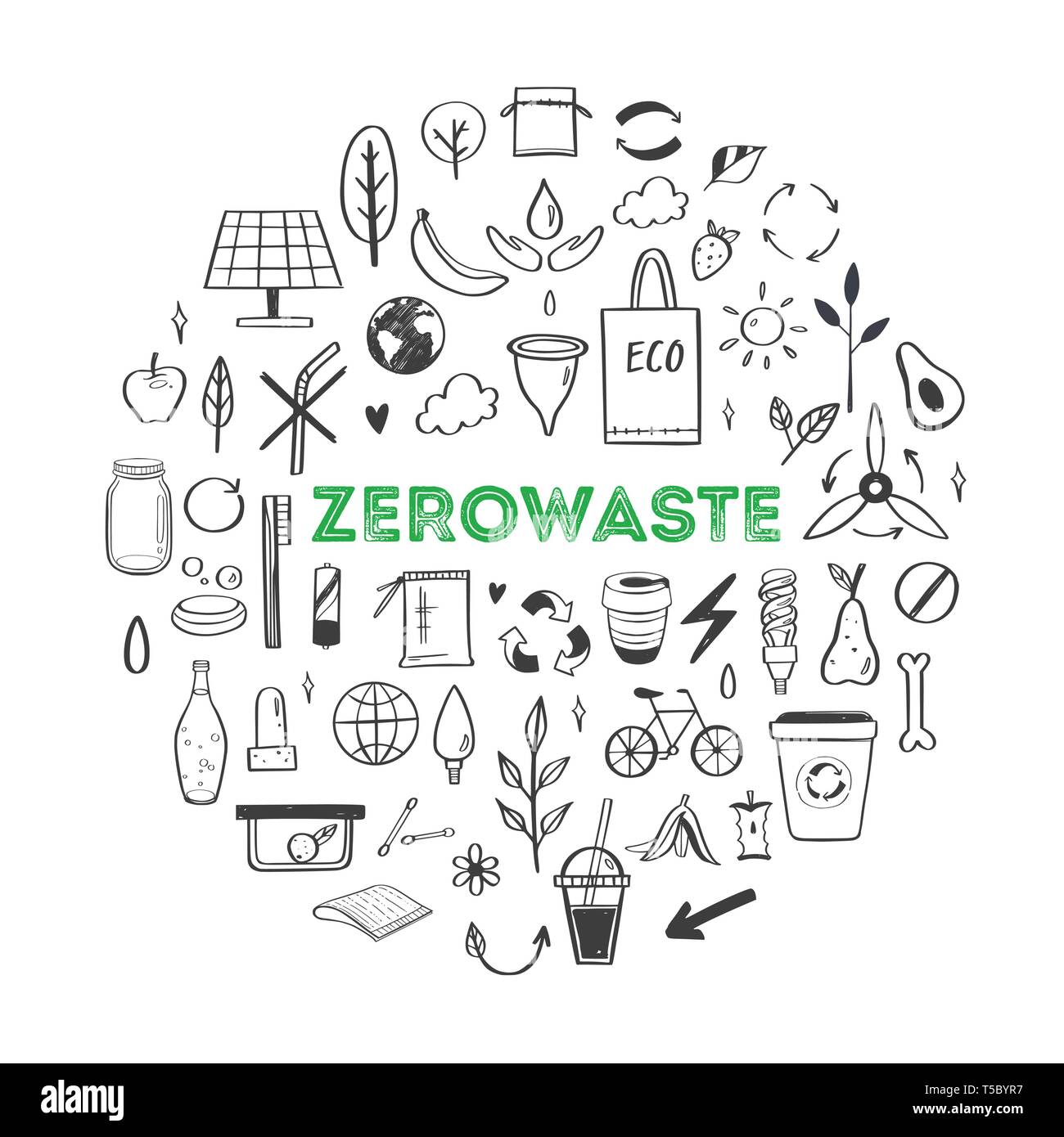 Zéro déchets vie vector hand drawn set. Collection de ecogical et éléments naturels. Rendez-vous sur concept vert. Objets isolés Illustration de Vecteur