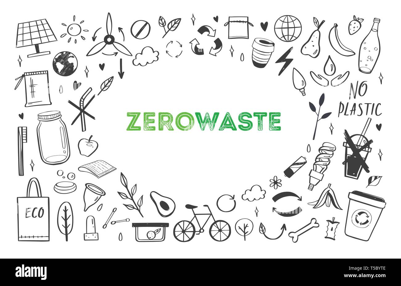 Zéro déchets vie vector hand drawn set. Collection de ecogical et éléments naturels. Rendez-vous sur concept vert. Objets isolés Illustration de Vecteur