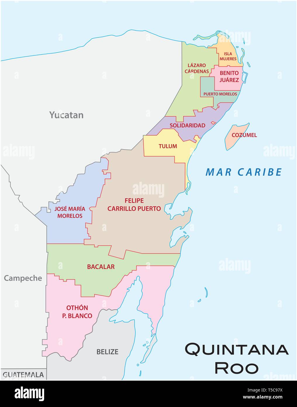 Quintana Roo, administratif et politique carte vectorielle, Mexique Illustration de Vecteur