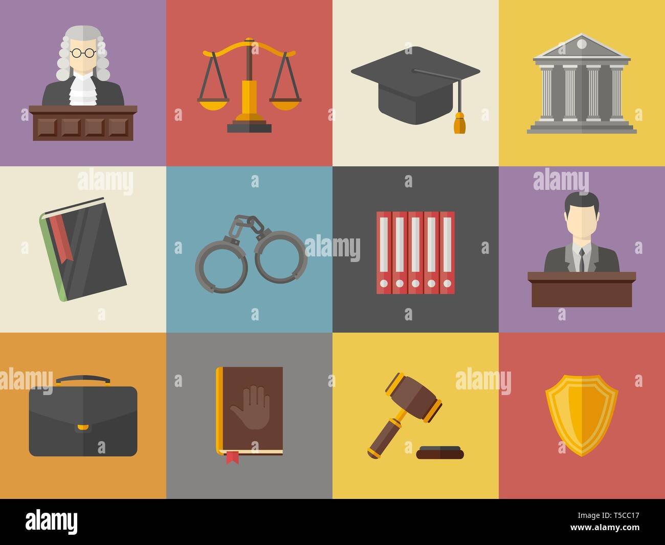 La loi et la justice icons set illustration dans le style pictogramme télévision.Vector Illustration de Vecteur