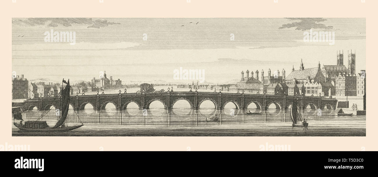 Le pont de Westminster, Londres, Angleterre sur la Tamise dans le milieu du 18e siècle. Après une impression contemporaine. Banque D'Images