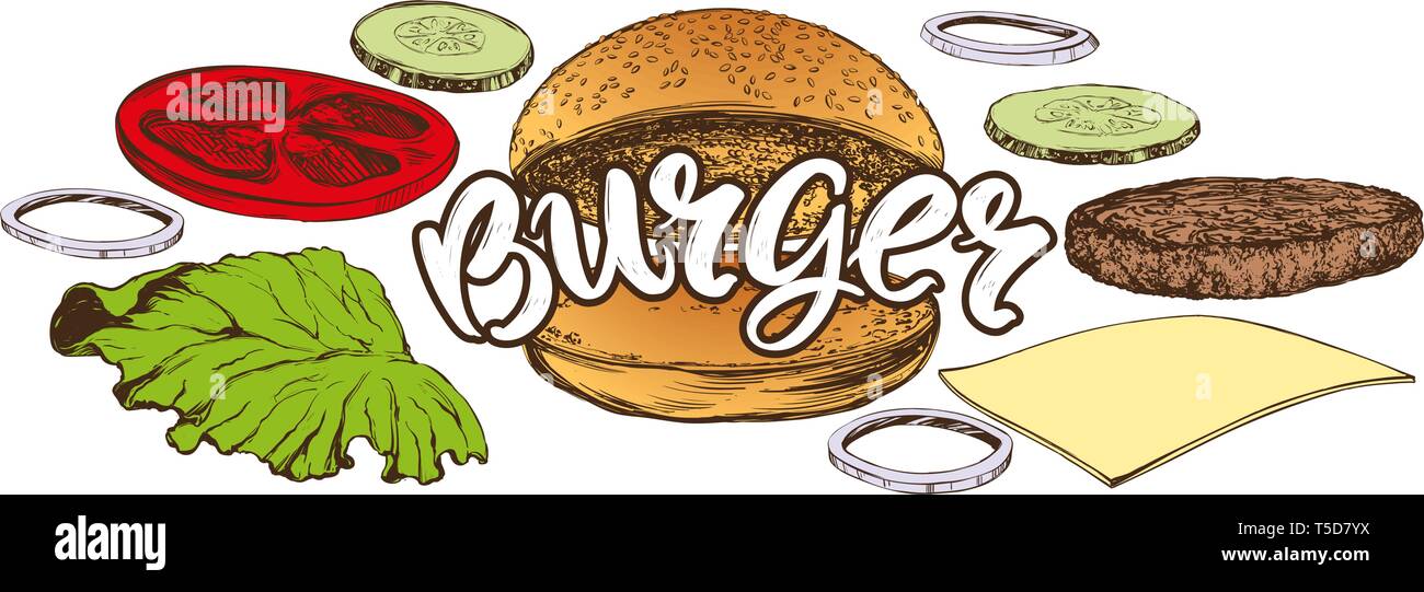 Big burger, hamburger hand drawn vector illustration croquis réalistes Illustration de Vecteur