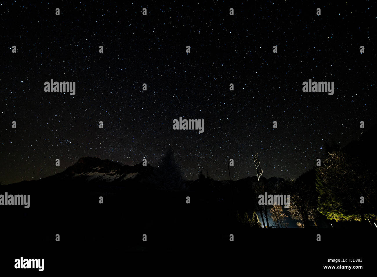 Ciel nocturne étoile dans les Alpes avec les montagnes et la silhouette des arbres dans les Alpes autrichiennes Banque D'Images