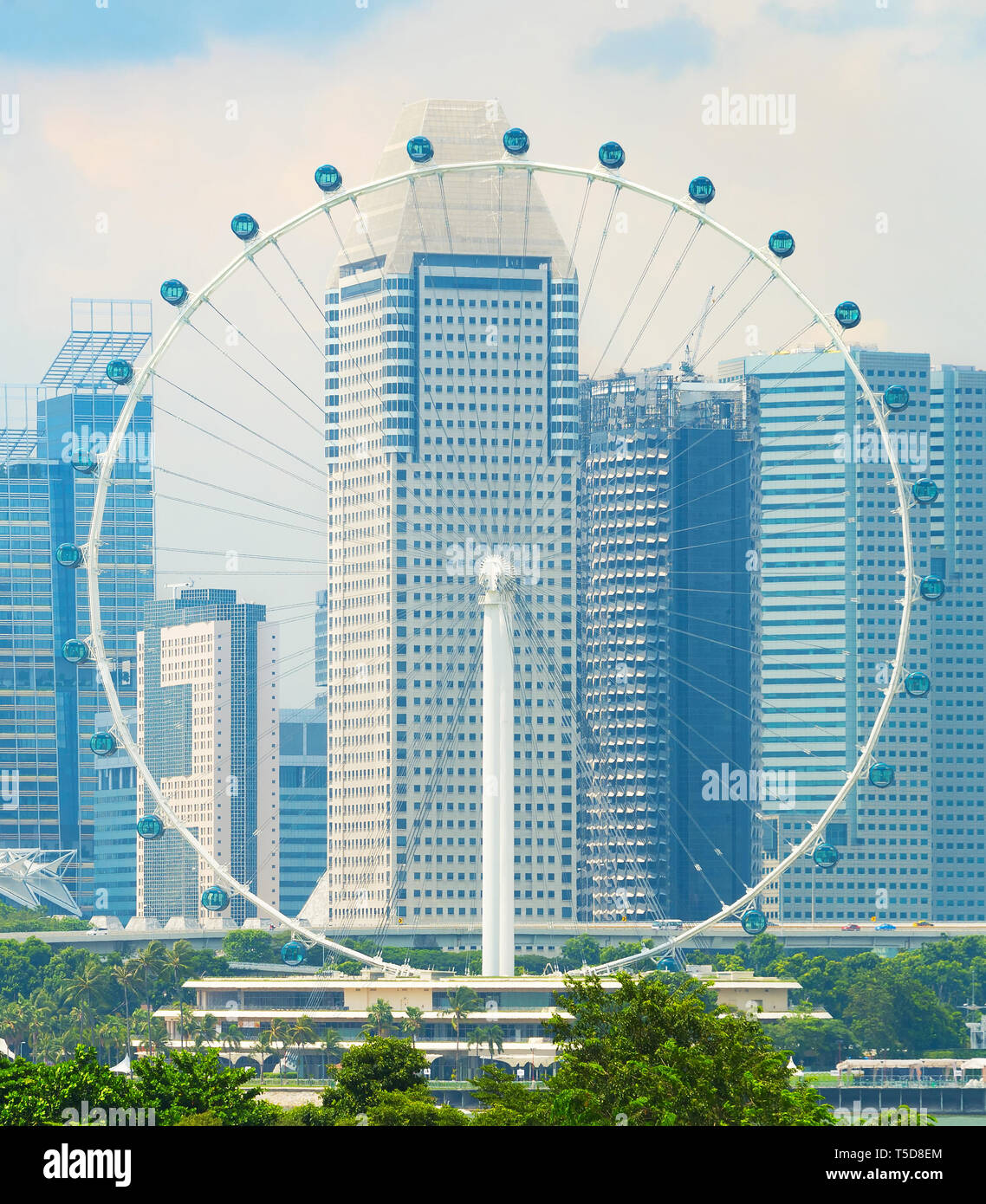 Singapour ville moderne avec des gratte-ciel du centre-ville et la grande roue en premier plan Banque D'Images