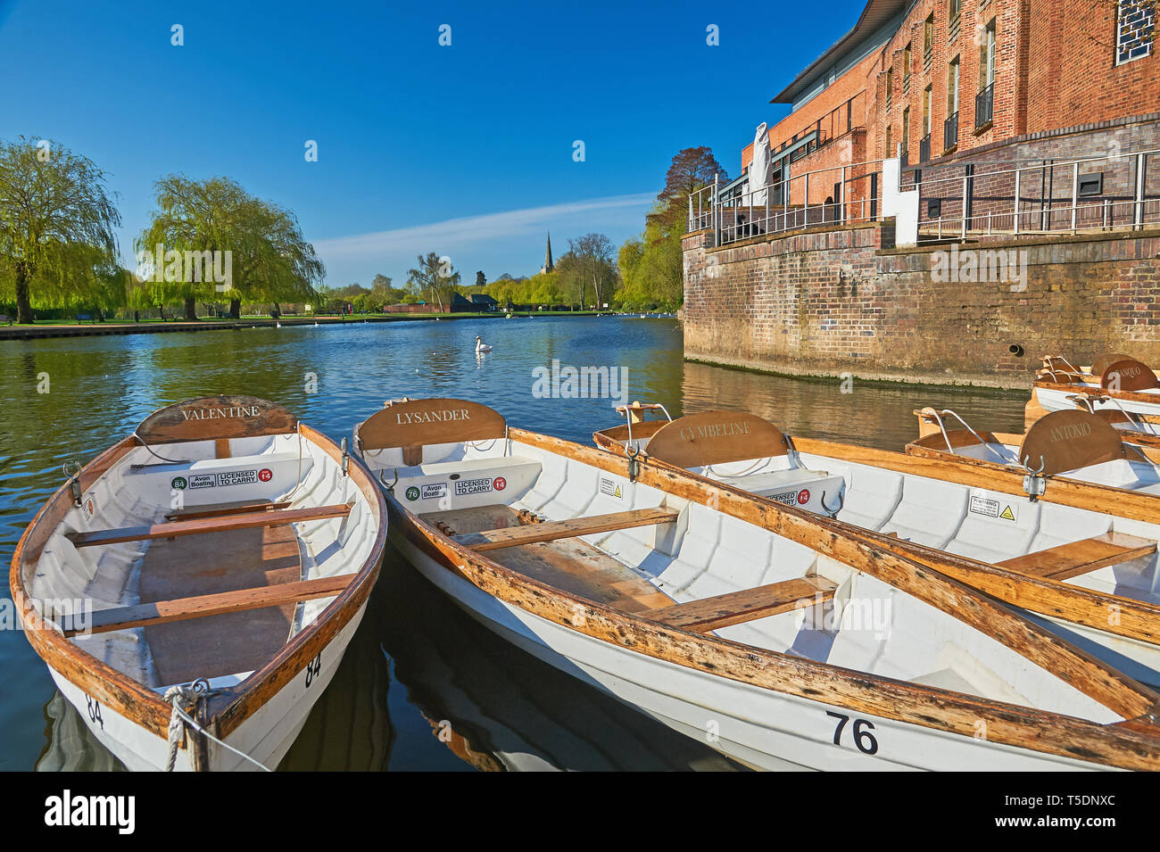 Location de bateaux à rames, amarré sur la rivière Avon, Stratford upon Avon, Warwickshire encore utilisés par les touristes. Banque D'Images