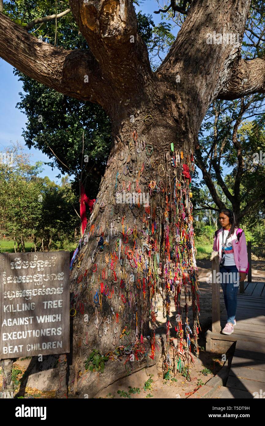 Fille sur l'arbre mort de bracelets à la mémoire d'enfants tués, les champs de la mort des Khmers rouges, Choeung Ek, Phnom Penh, Cambodge Banque D'Images