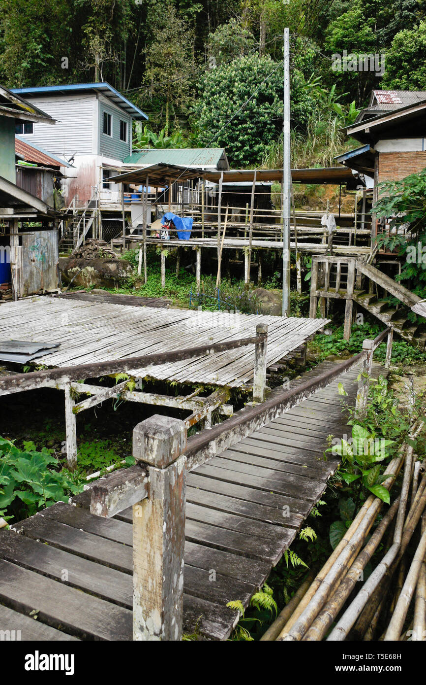 Maisons et des allées en les Bidayuh village tribal de Kampung Annah Rais, Sarawak, Bornéo, Malaisie Banque D'Images