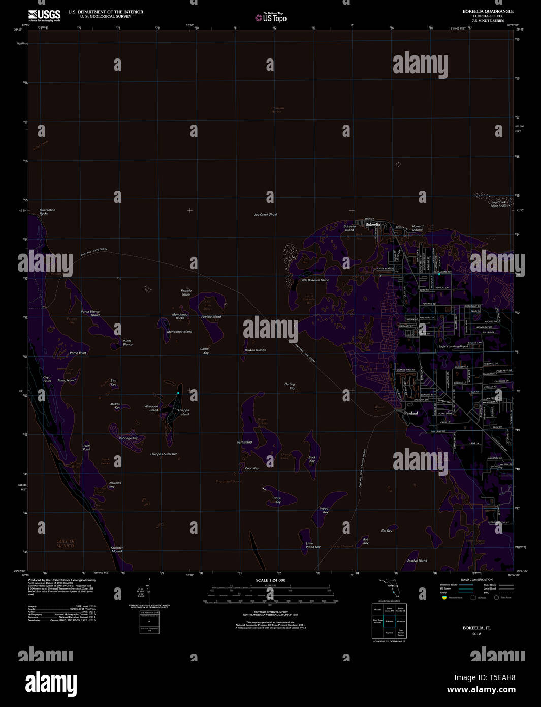 Carte TOPO USGS FL Floride Bokeelia 20120712 TM Restauration inversé Banque D'Images