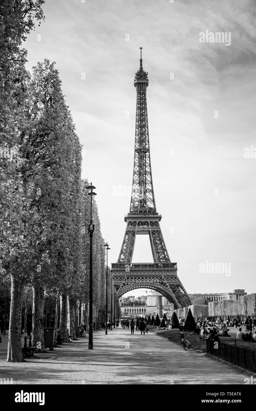 La Tour Eiffel vue du Champs de Mars Banque D'Images