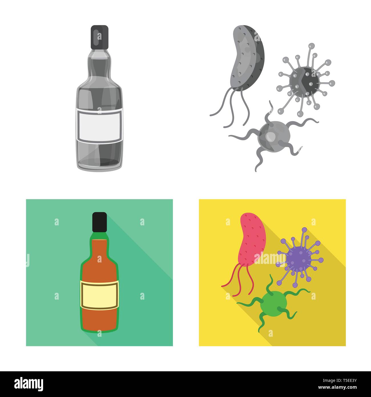 Bactéries, virus,bouteille,whisky,alcool,microbe,verre,Laboratoire de  biologie,boissons,vodka,sale,verre,micro-organisme,rhum,maladie,dépendance,santé,médecine,,la  douleur,la  maladie,dermatologie,healthcare,set,icône,,illustration,collection,isolé ...