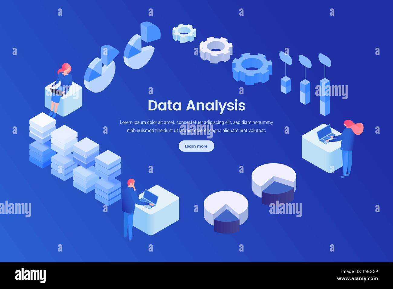 L'analyse des données landing page modèle isométrique. SMM, SEO, stock market analytics, mesures, statistiques 3D Accueil du site. Les analystes d'affaires, courtiers de personnages de dessins animés de l'analyse des infographies vector illustration Illustration de Vecteur