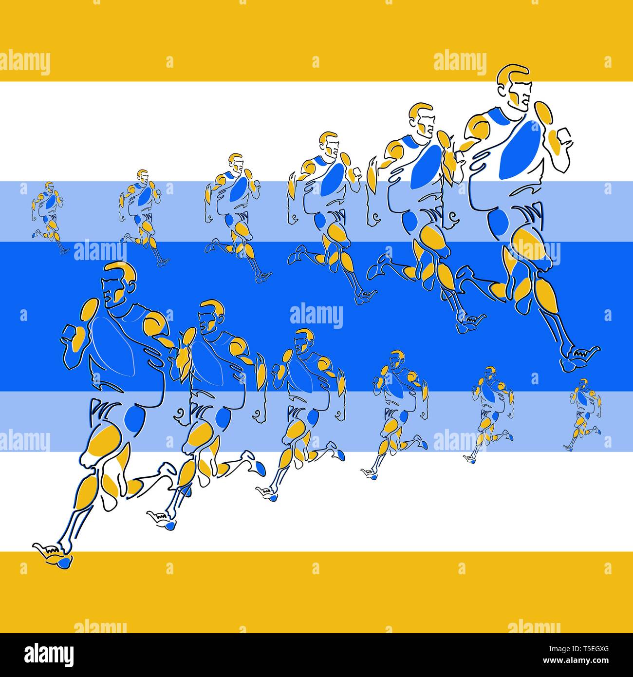 Motif linéaire vectorielle de figures stylisées d'athlètes à l'aide de l'étape et à l'échelle. Créé effet de perspective. Couleurs contrastées et saturées sont appliqués Illustration de Vecteur