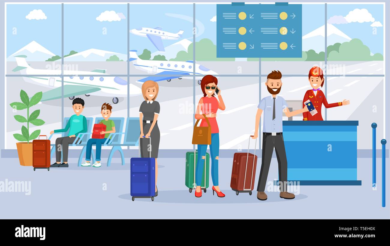 Les passagers dans le terminal de l'aéroport. vector illustration Les personnages de dessins animés avec les bagages en attente dans la file d'attente à la salle d'embarquement 24 réceptionniste. Les compagnies aériennes internationales à l'étranger voyager télévision dimensions Illustration de Vecteur