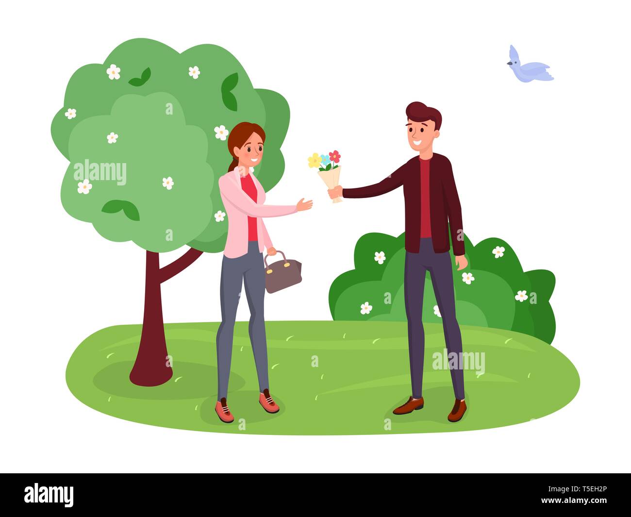 Couple on date romantique vector illustration. Paysage de printemps, arbres en fleurs, buissons clipart isolé. Copain copine donner bouquet de fleurs, l'homme et la femme caractères walking in park Illustration de Vecteur