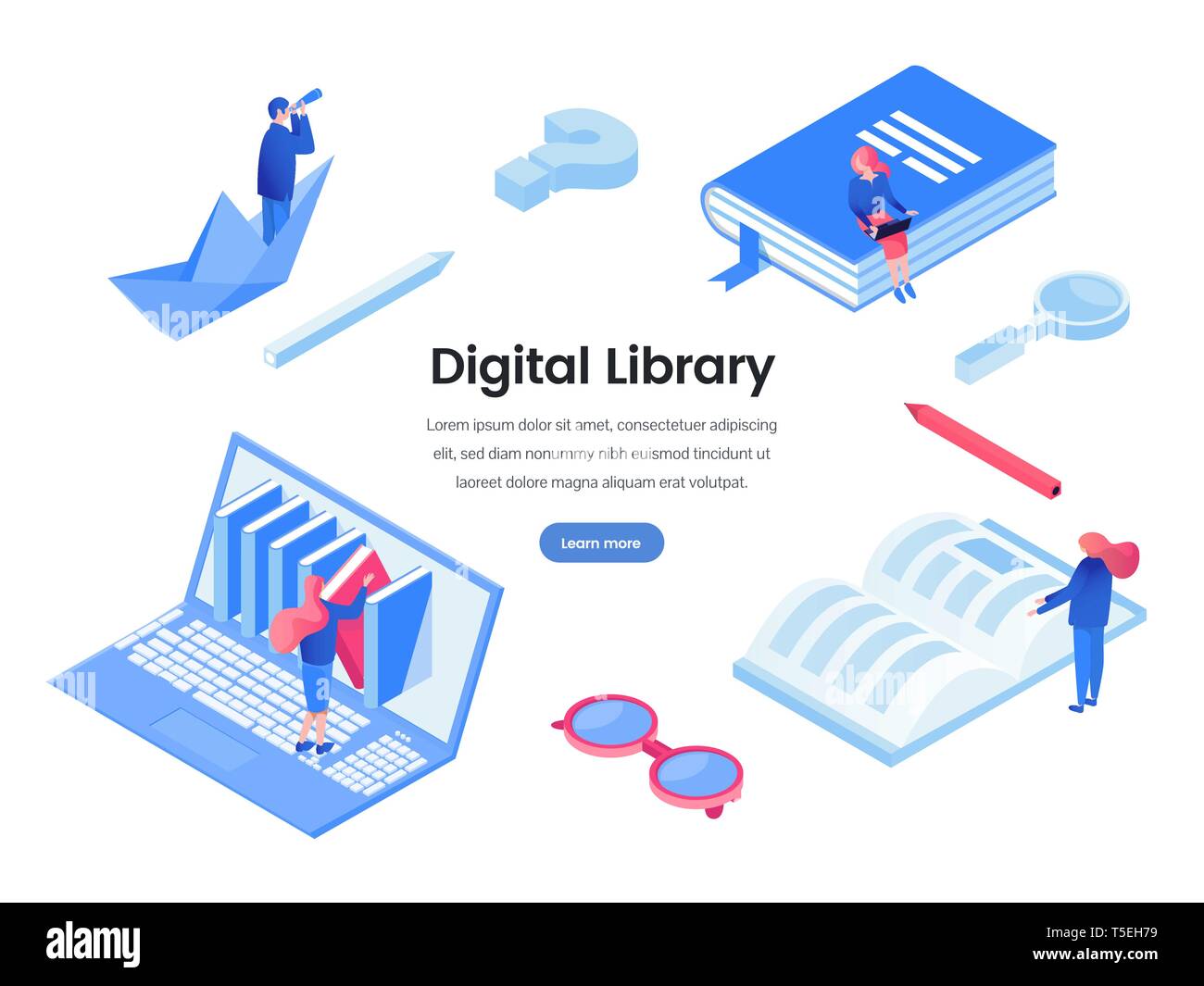 Bibliothèque numérique bannière web modèle de scénario. Livres en ligne, le e-learning, des programmes éducatifs et des logiciels internet landing page, mise en page de site web. Petites gens lire des ebooks, étudiant cliparts isométrique Illustration de Vecteur
