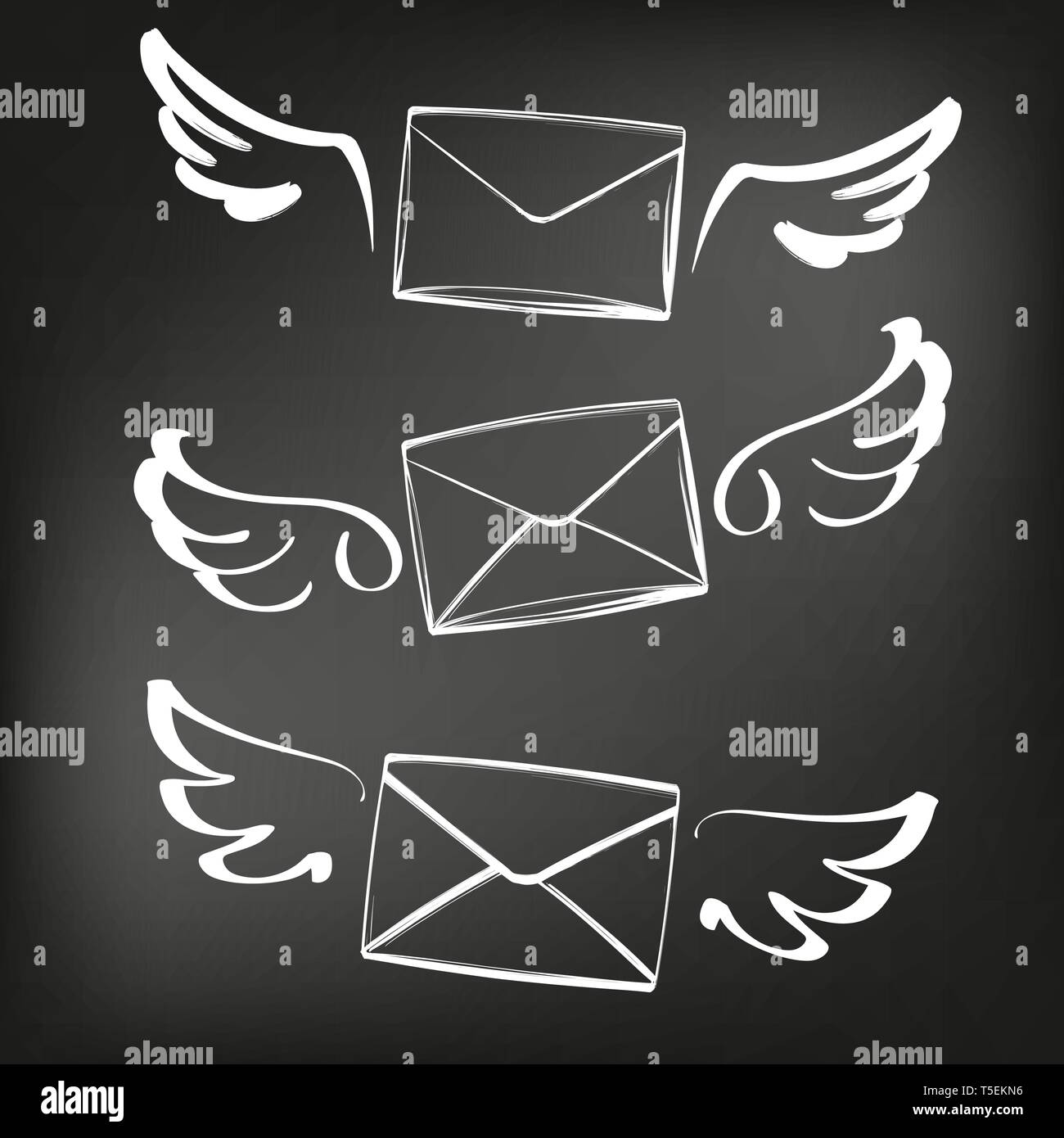 Résumé ailes avec nvelope, lettre jeu de croquis icon collection cartoon hand drawn vector illustration sketch, dessiné à la craie sur un tableau noir Illustration de Vecteur