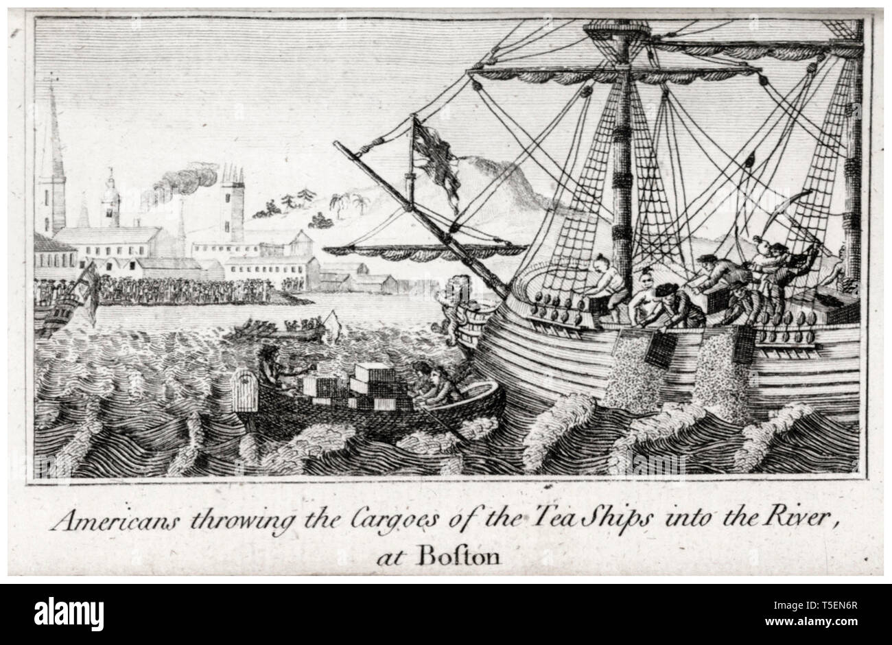 Les Américains de lancer la cargaison de navires du thé dans la rivière, Boston Tea Party gravure par W.D. M. Cooper, 1789 Banque D'Images