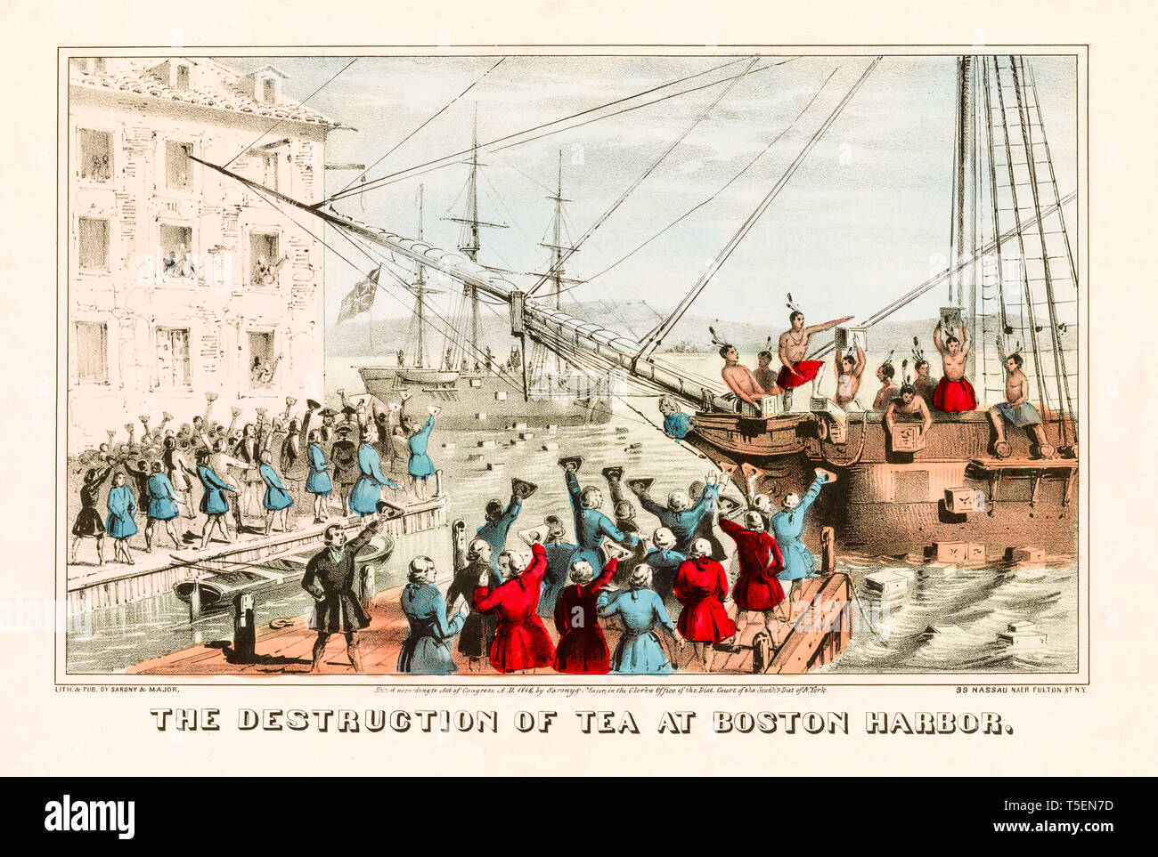 'La destruction de plateau au Boston Harbor', gravure colorée à la main de la Boston Tea Party, 16 décembre 1773, réalisé en 1846 Banque D'Images