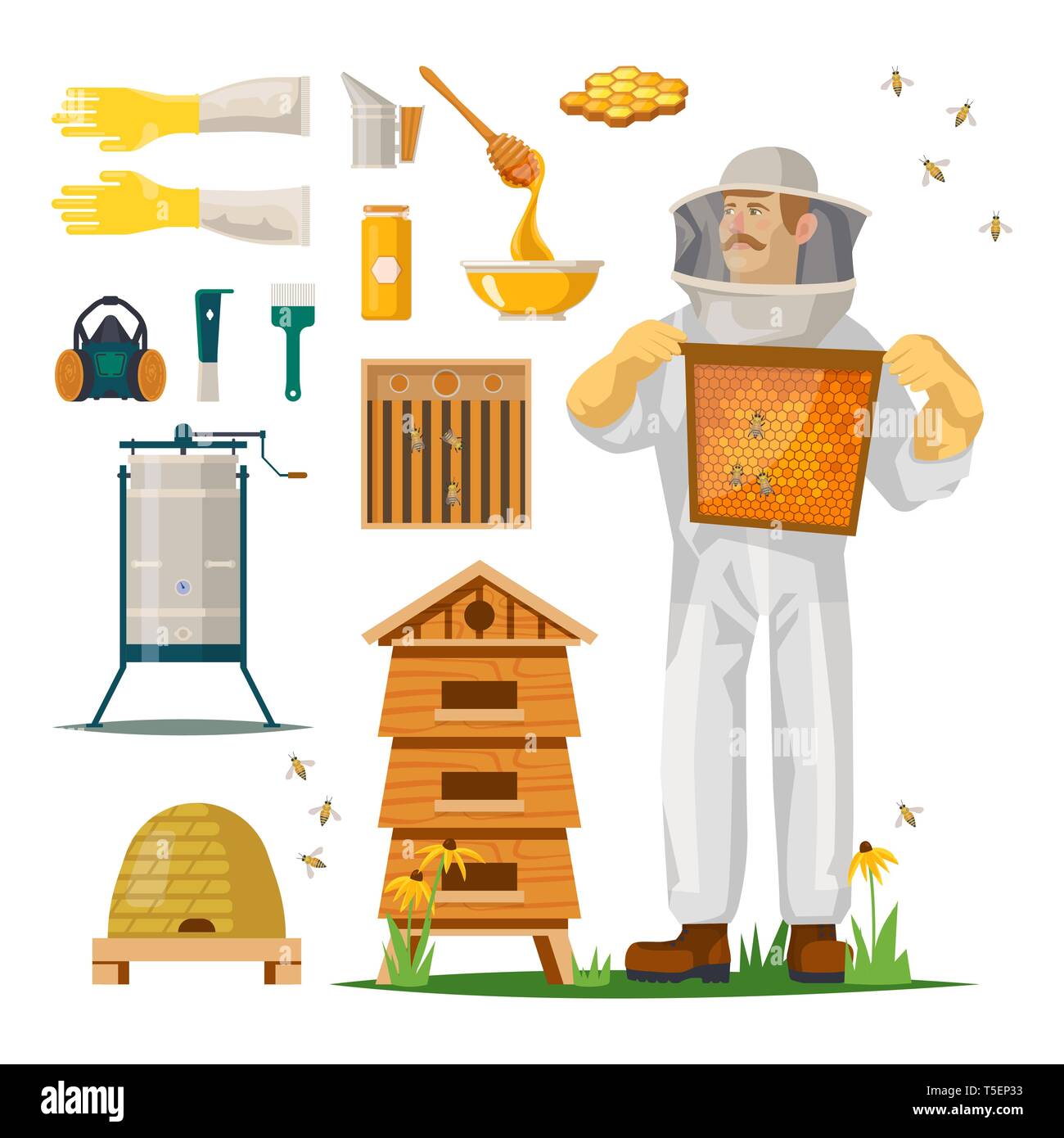 Les icônes de l'Apiculture avec apiculteur de l'hiver suit Illustration de Vecteur