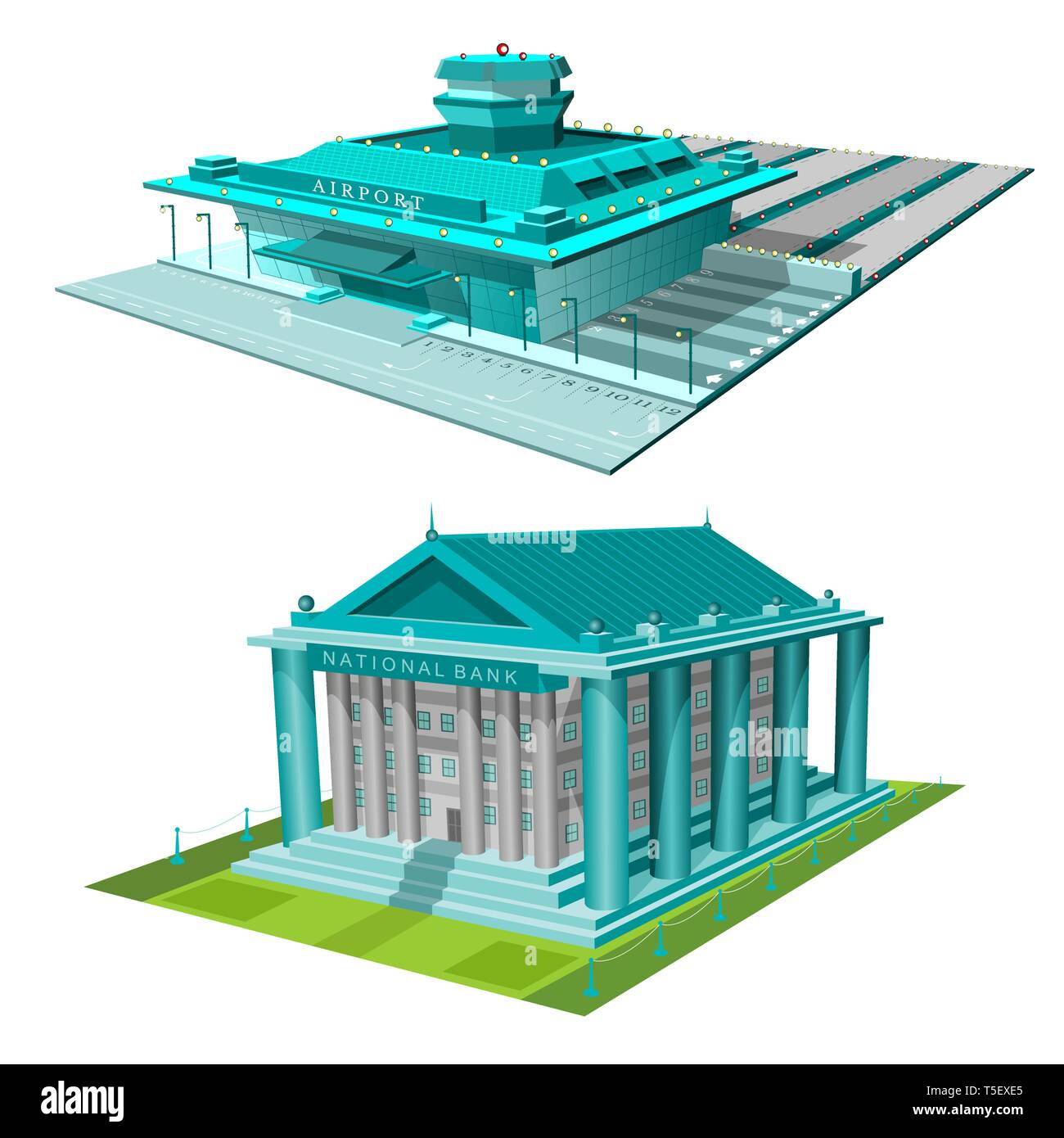 Définir des bâtiments isométriques et banque de l'aéroport Illustration de Vecteur