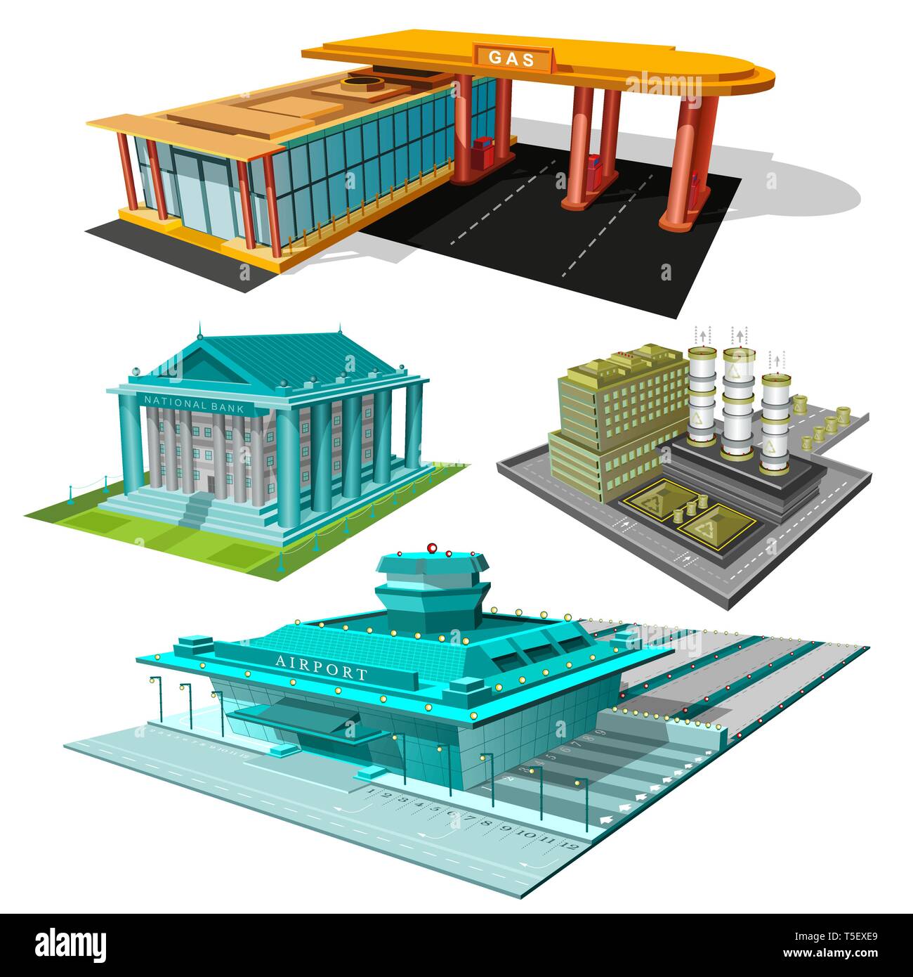 Définir des bâtiments isométriques, banque, usine, station aéroport isolated on white Illustration de Vecteur
